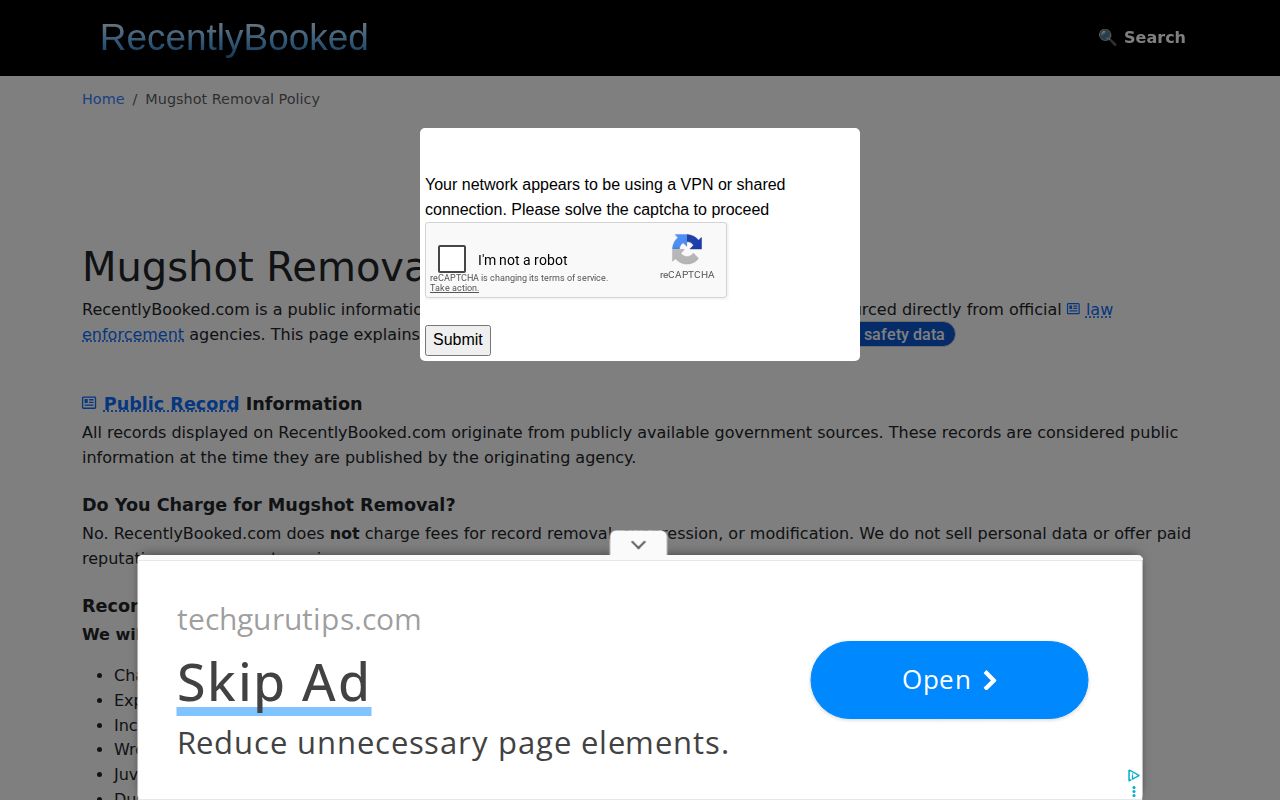 Jefferson County booking record correction policy on RecentlyBooked